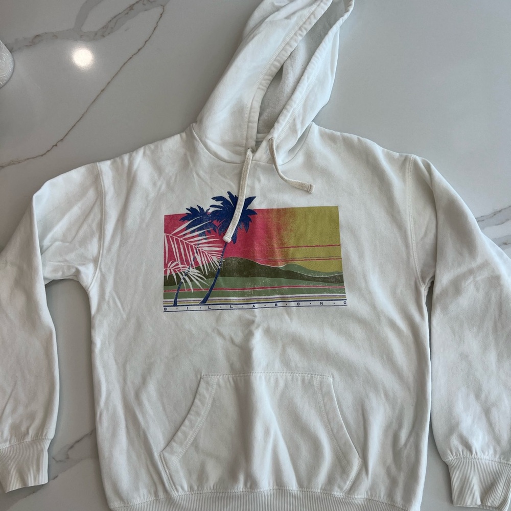 White Billabong Hoodie with Tropical Graphic, Size S